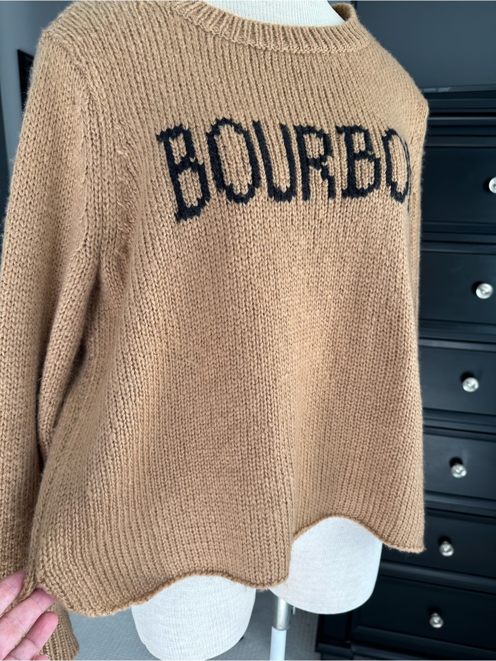 Wooden Ships Camel Crewneck Sweater with Black BOURBON Text size S/M - Picture 8 of 16